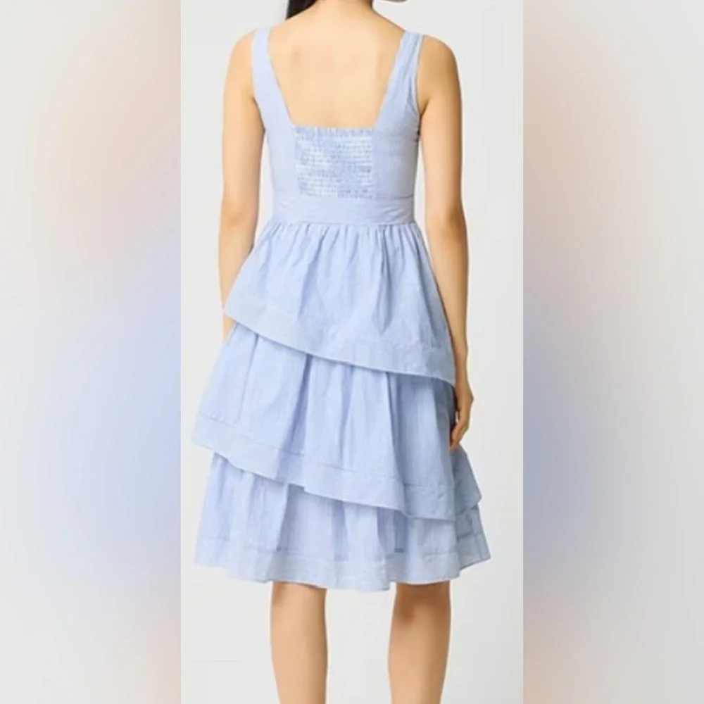 J. Crew Light Blue/White Stripe Sleeveless Belted Tiered Midi Dress - Size 8 - Picture 2 of 7